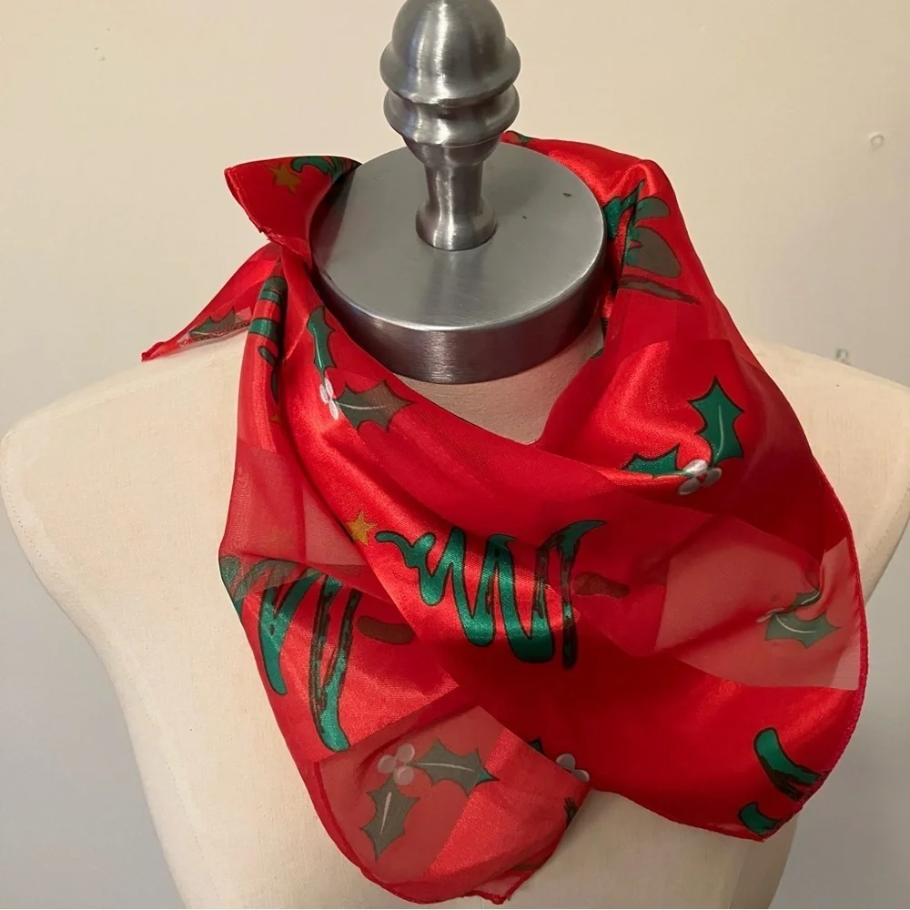 VTG Christmas Red Green Square Scarf Christmas Tree Holly Polyester 19.5in